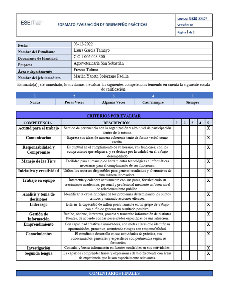 Formato Evaluación de Desempeño Prácticas | PDF | Evaluación | Plan de ...