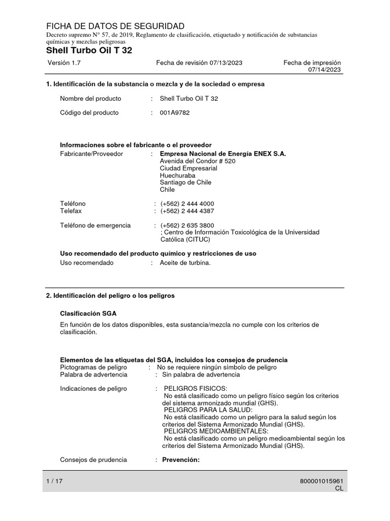 Turbo Oil T 32 MSDS | PDF | Agua | Residuos