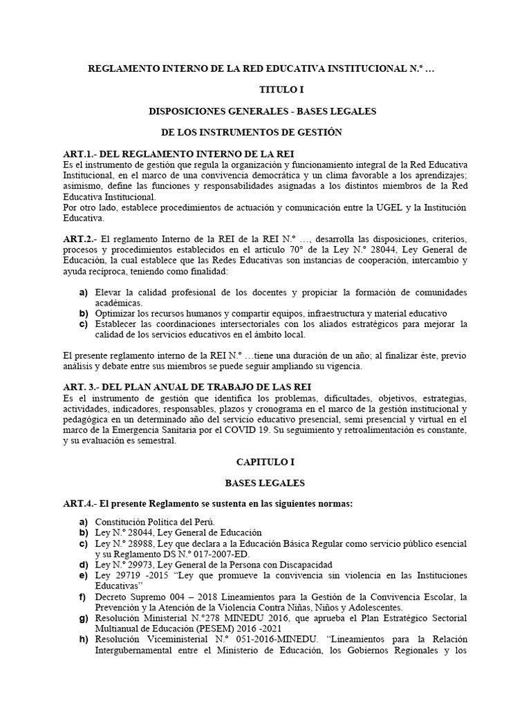 Reglamento Interno de la Red Educativa | PDF | Institución | Escuelas