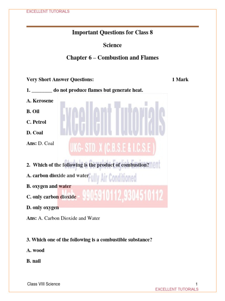 Important Questions For Cbse Class 8 Science Chapter 6 Combustion And