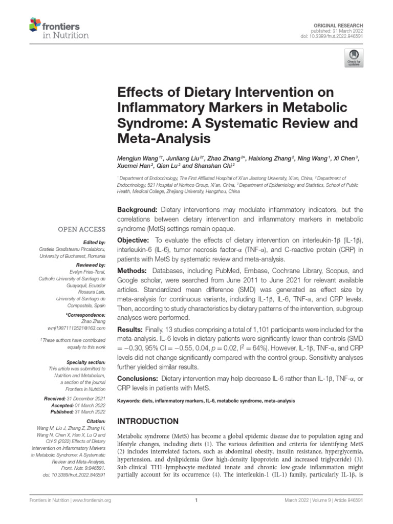 Effects of Dietary Intervention On Inflammatory Markers in Metabolic ...