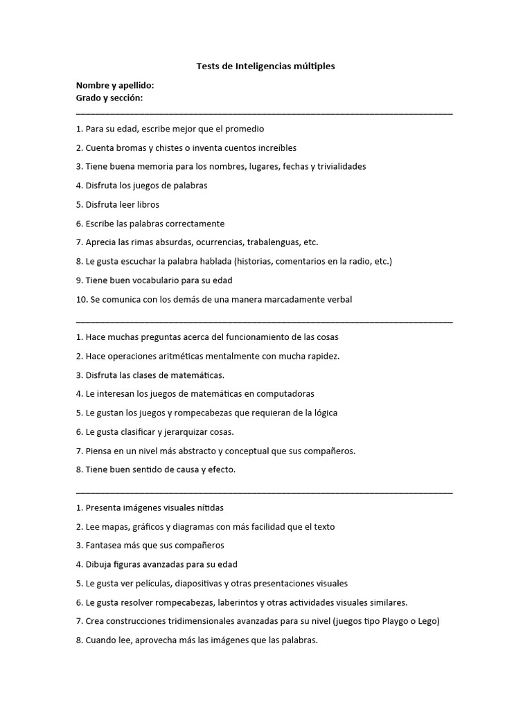 Tests de Inteligencias Múltiples | PDF | Aprendizaje