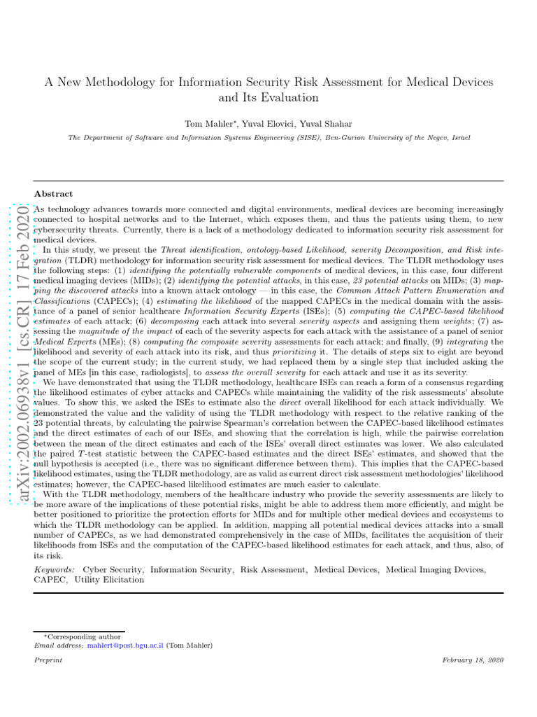 A New Methodology For Information Security Risk Assessment For Medical ...