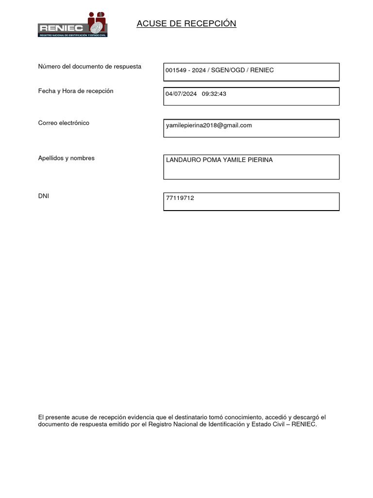 Acuse de Recepción RENIEC 2024 | PDF