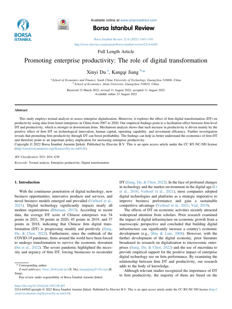 Promoting Enterprise Productivity The Role of Digital Transformation ...