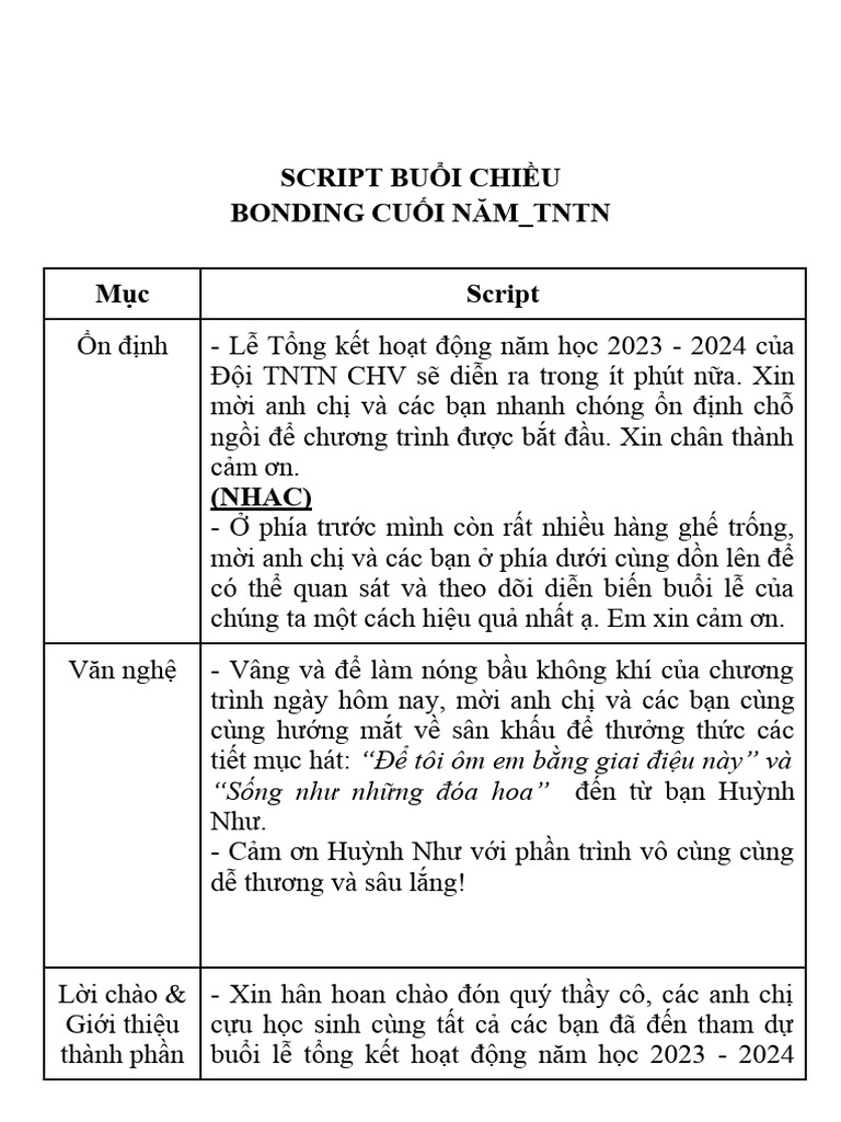 A5 - IN 1 MẶT - (TNTN - BONDING) SCRIPT BUỔI CHIỀU | PDF