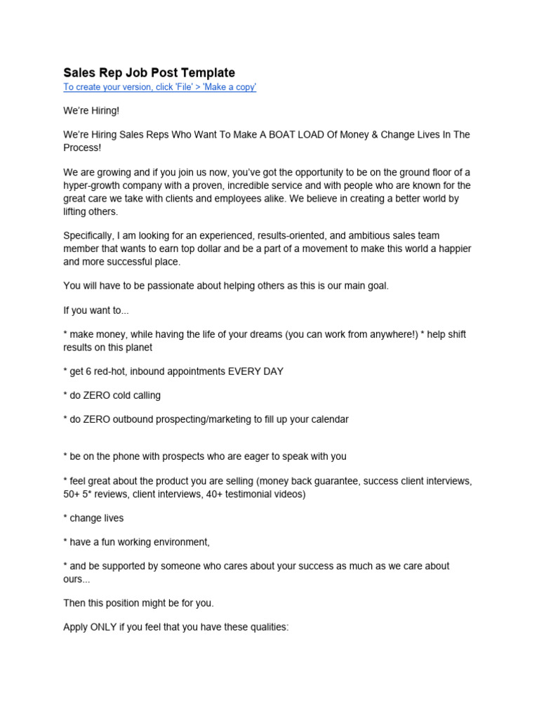 9.2 (EasyGrow) Sales Job Post Template | PDF | Sales
