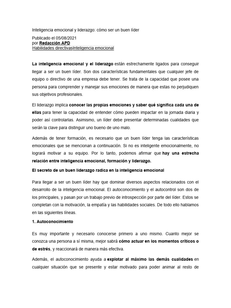 Inteligencia emocional en el liderazgo | PDF | Liderazgo | Las emociones