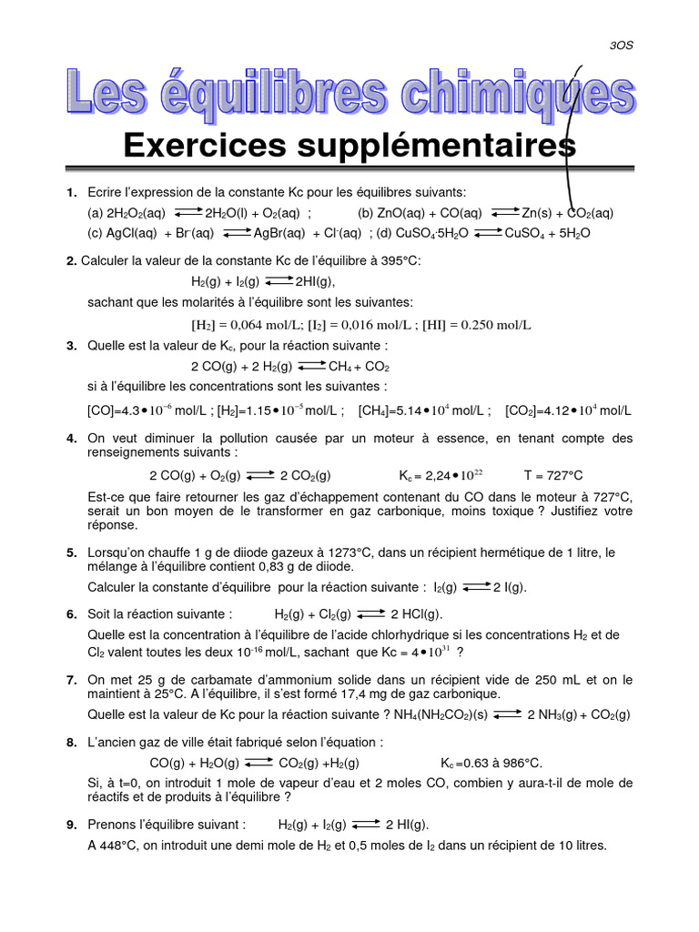 Exercices sur l'équilibre chimique | PDF | Équilibre chimique | Les ...