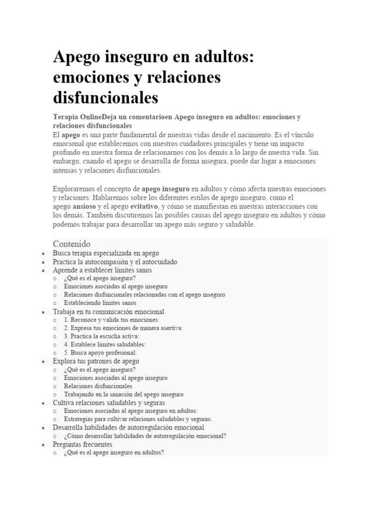 Apego Inseguro en Adultos | PDF | Teoría de apego | Las emociones