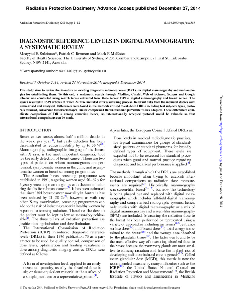Diagnostic Reference Levels in Digital M | PDF | Mammography | Absorbed ...