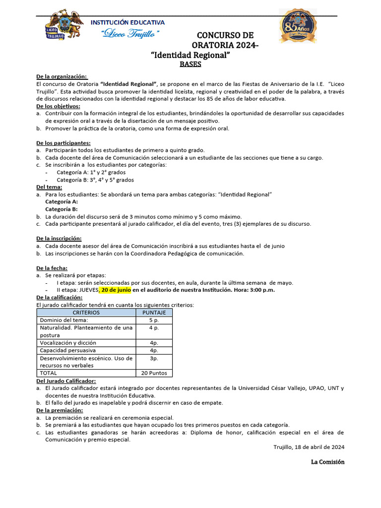 CONCURSO DE ORATORIA Bases | PDF | Hablar en público