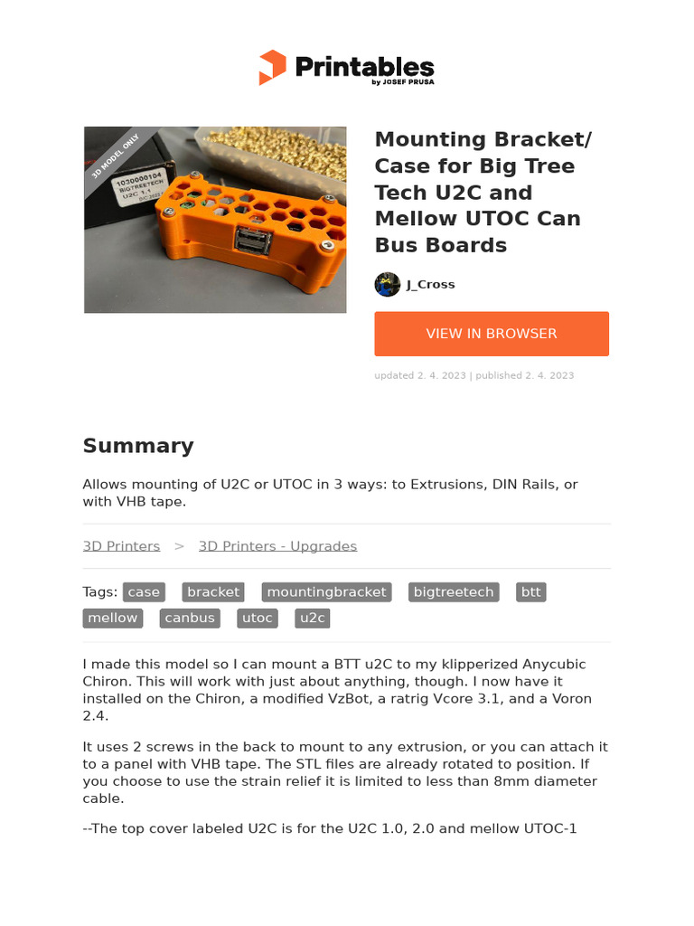 Mounting Bracket for BTT U2C & UTOC | PDF | Manufactured Goods