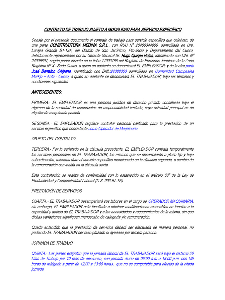 constructora medina contrato | PDF | Derecho laboral | Salario