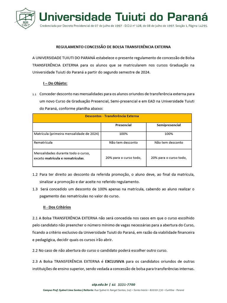 Bolsa Transferência Externa 2024 | PDF