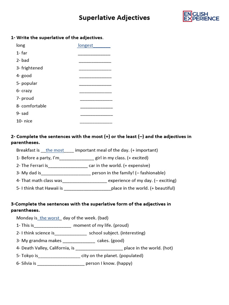 Superlative Adjectives Practice Exercises | PDF | Language Arts ...
