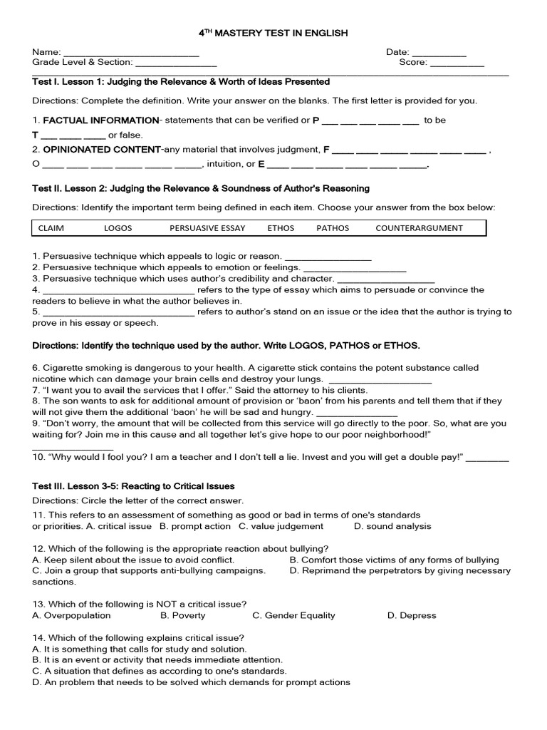 4th mastery test in english pdf social psychology