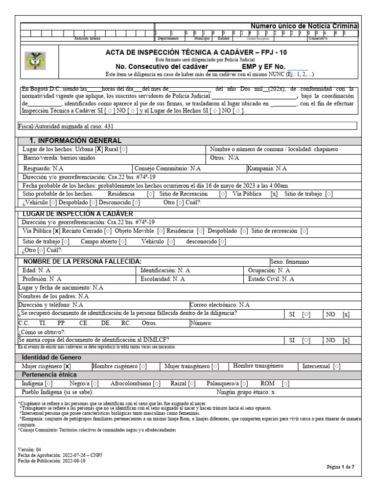 formato fpj 10 inspeccion tecnica cadaver 2.1 | PDF | Transgénero ...