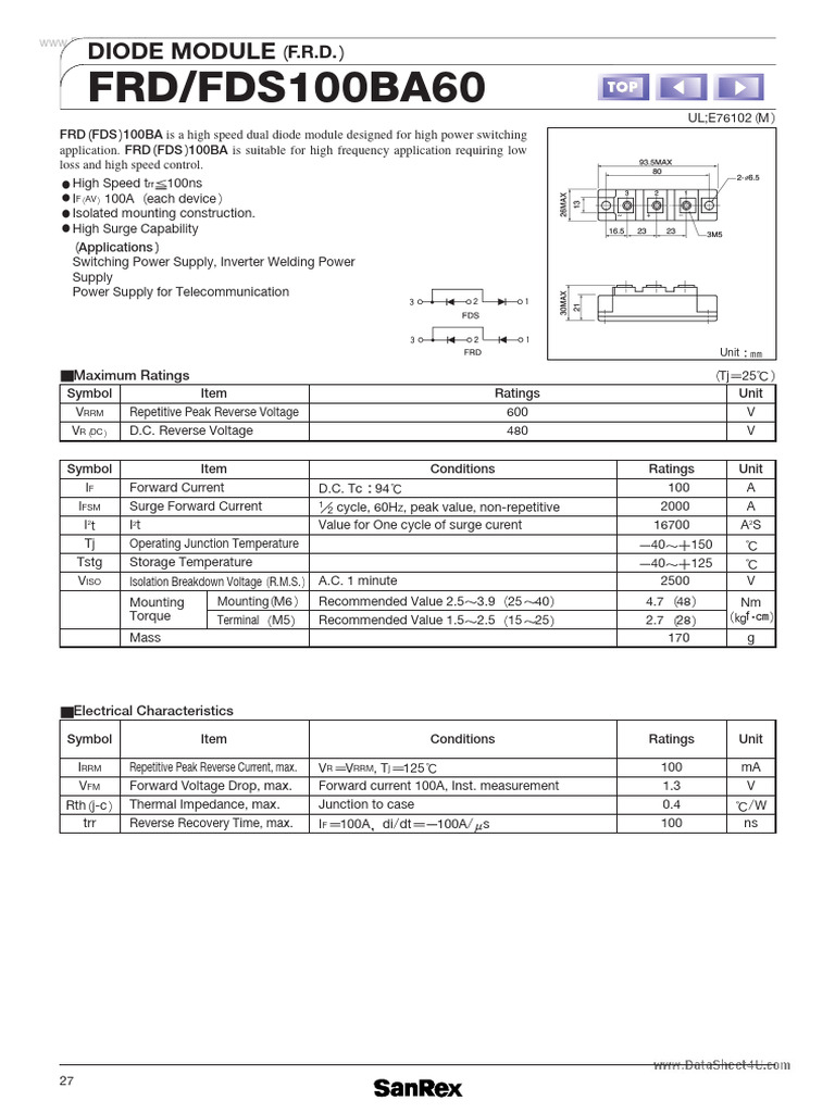 High-Speed Dual Diode Module FRD FDS 100BA | PDF | Diode | Power Supply