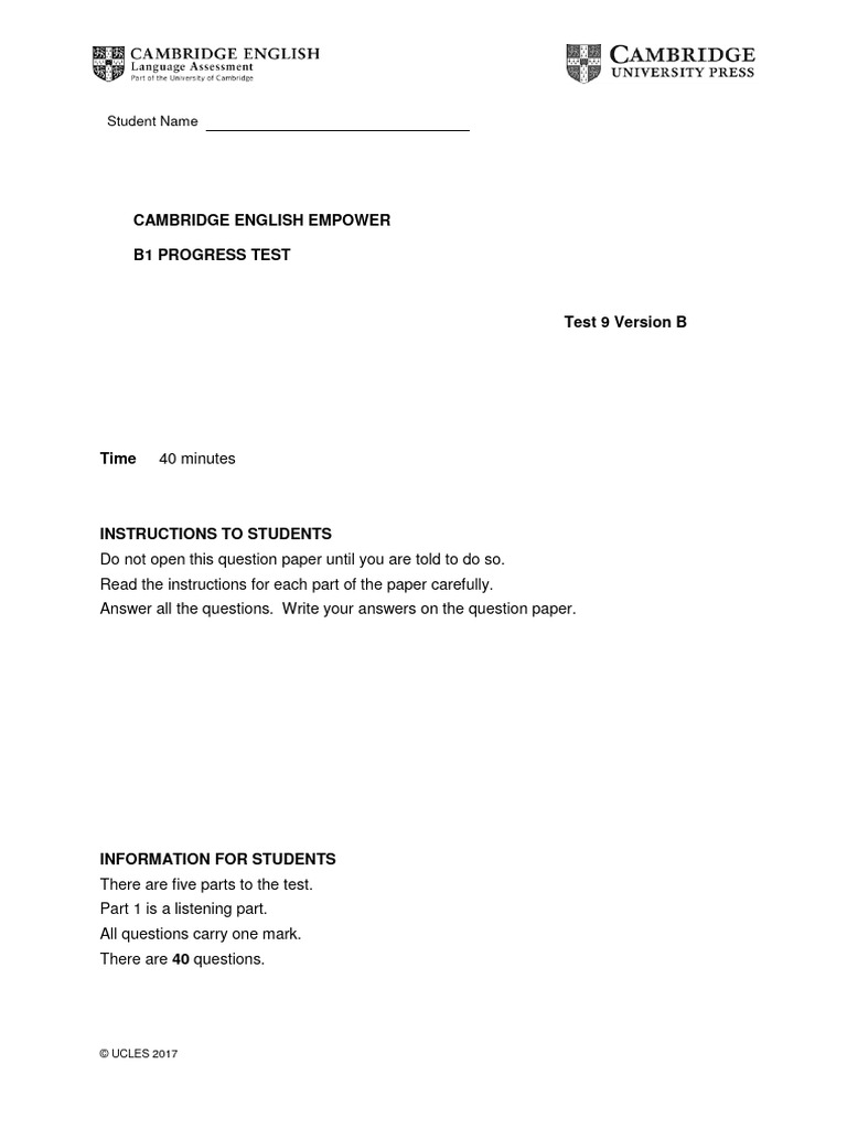 B1 Progress Test Example | PDF