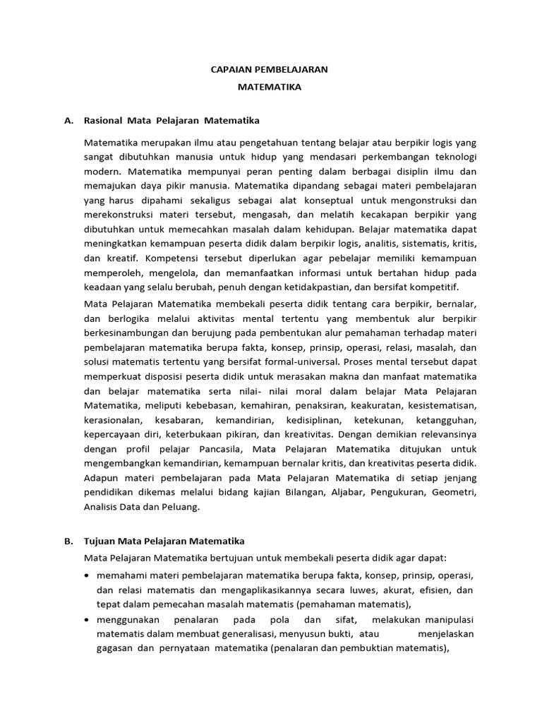 Capaian Pembelajaran Matematika | PDF | Metode & Bahan Ajar | Seni