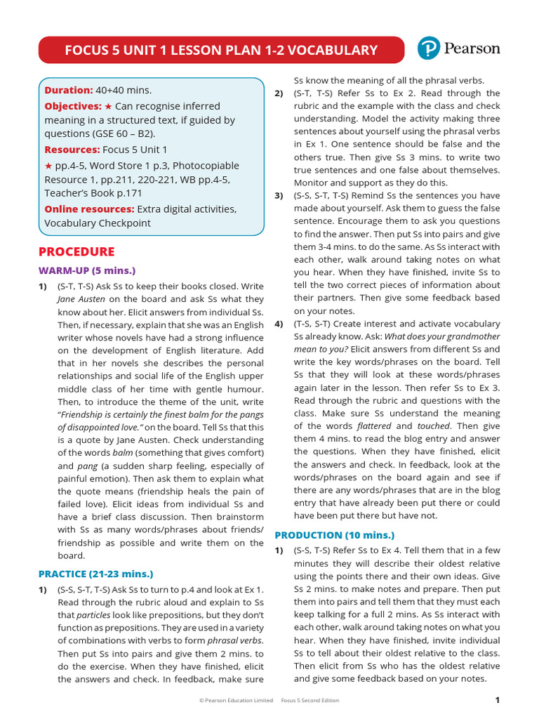Focus5 2E LessonPlans U01 Lesson1 2 Vocabulary | PDF | Linguistics ...