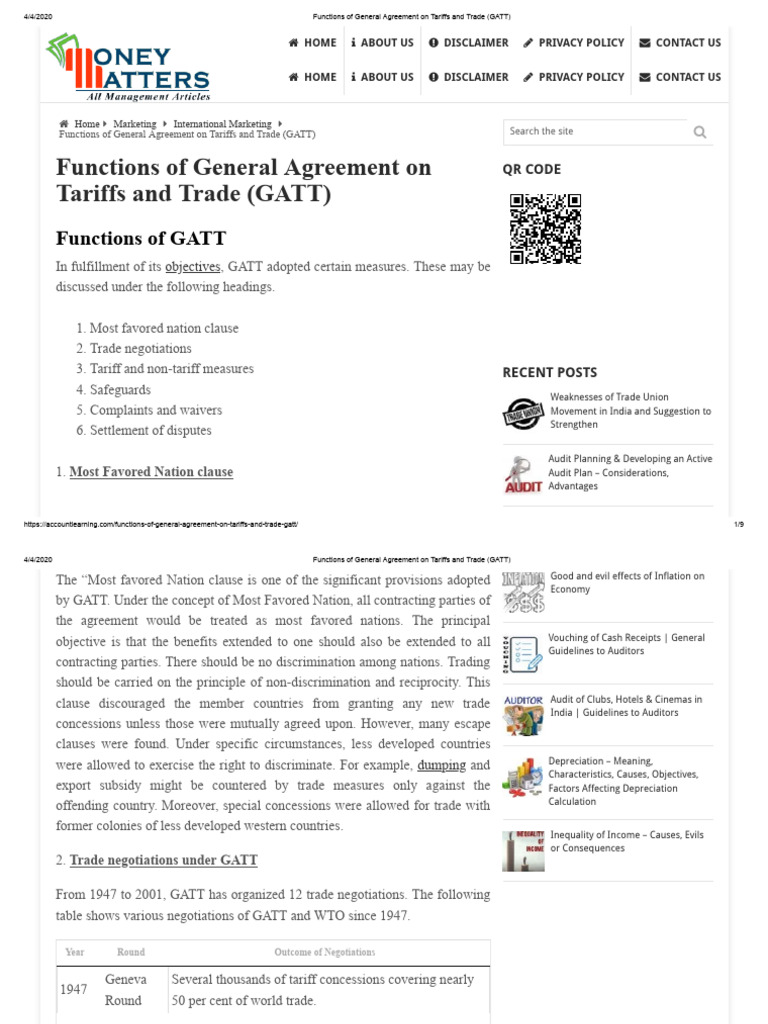 Functions of GATT Explained | PDF | General Agreement On Tariffs And ...