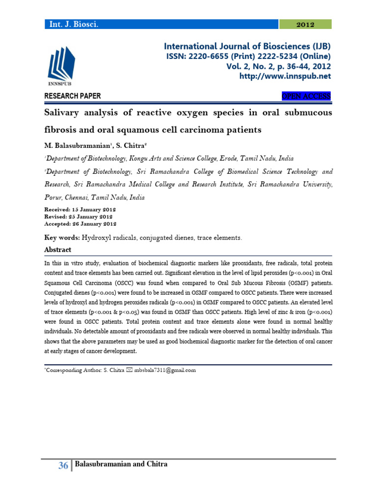 Salivary Biomarkers in Oral Cancer Analysis | PDF | Biology | Life Sciences