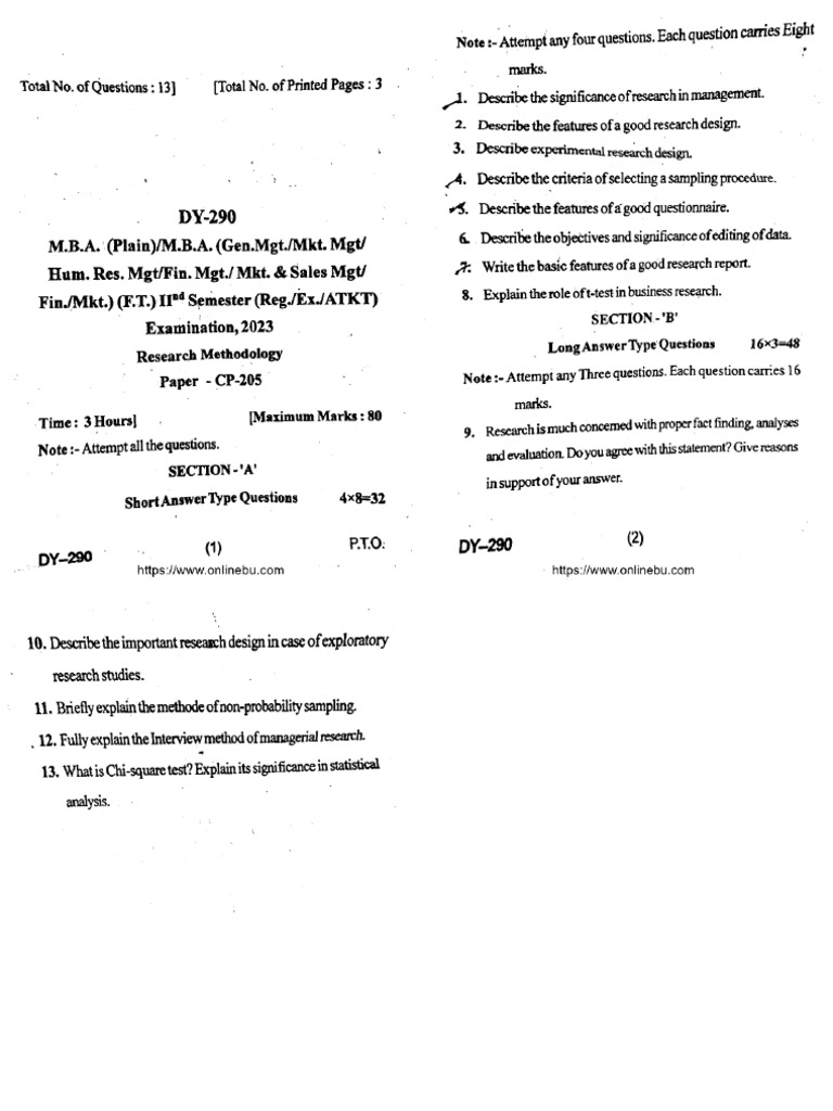 Mba 2 Sem Research Methodology Dy 290 2023 | PDF