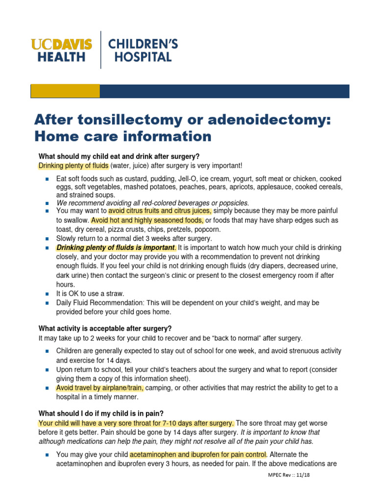 Pediatric Tonsillectomy Home Care Download Free Pdf Foods Fever