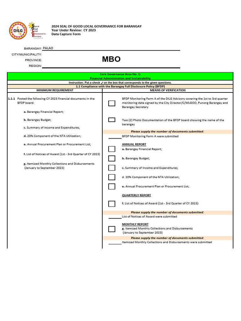 2024 SGLGB Data Capture Form DCF | PDF | Disaster Risk Reduction | Banks