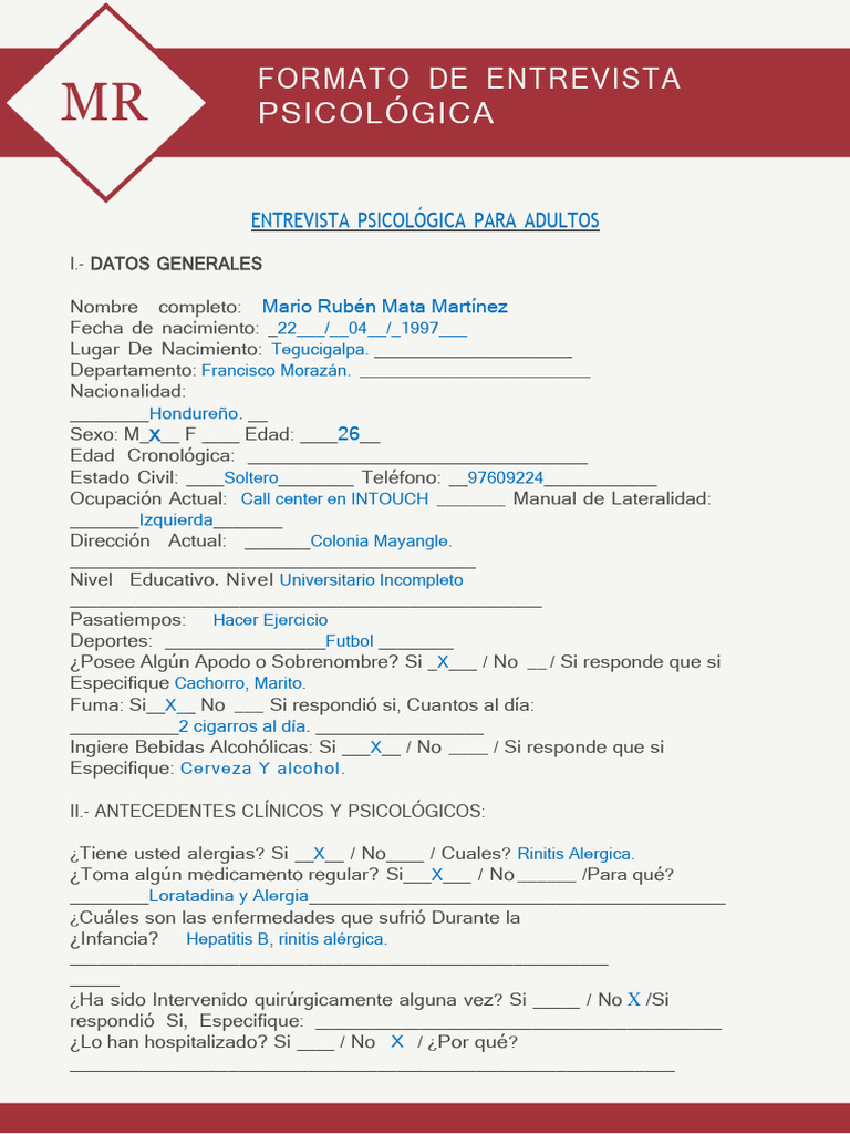 Formato de Entrevista Psicologica (1) para Adulto.. | PDF