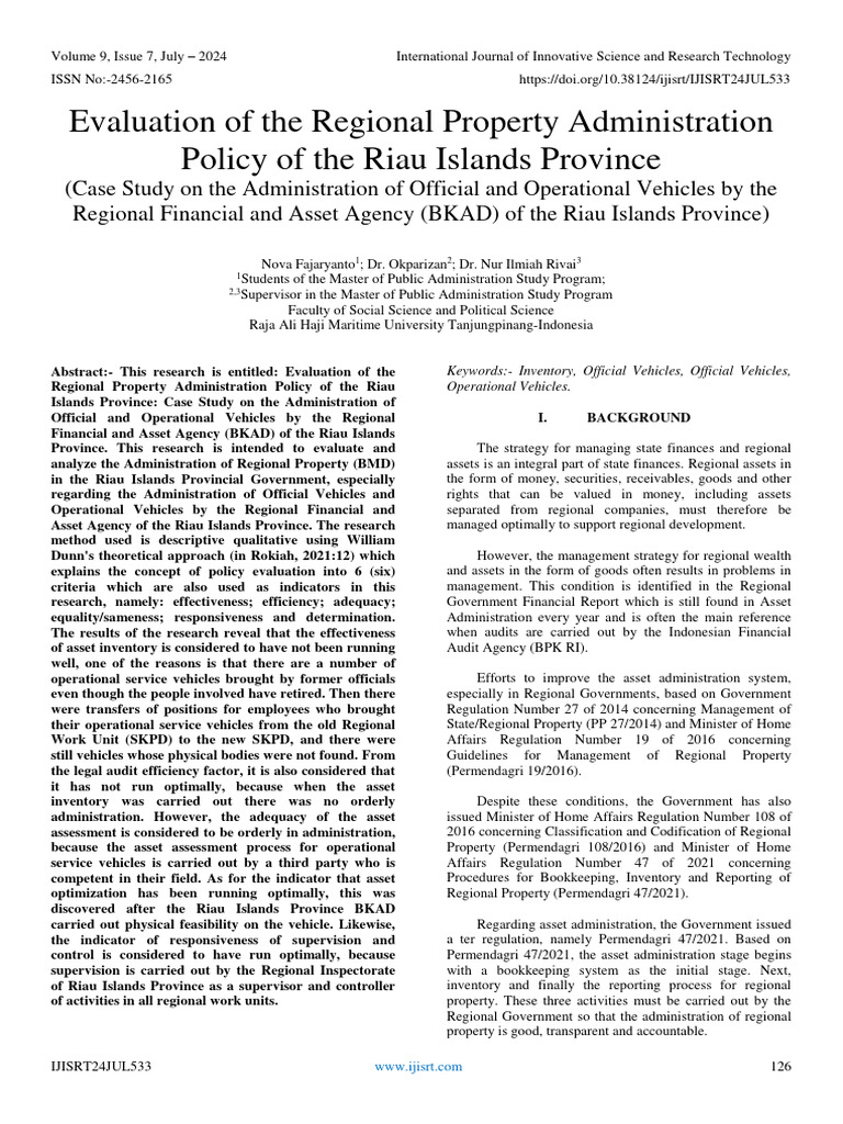 Evaluation of The Regional Property Administration Policy of The Riau ...