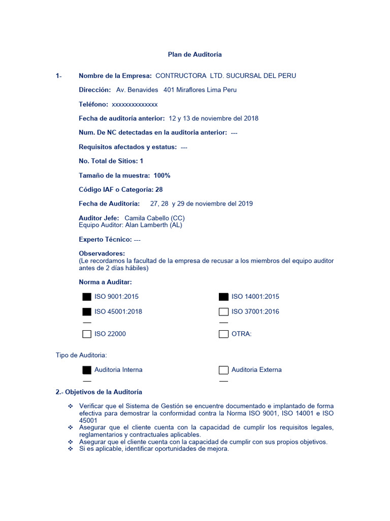 Ejemplo de Plan de Auditoría ISO | PDF | Auditoría | Negocios económicos