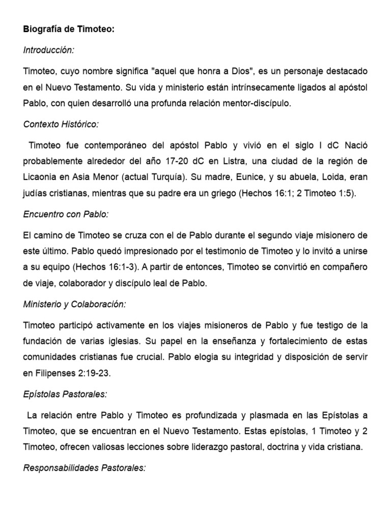 Biografía de Timoteo, Discípulo de Pablo | PDF | Pablo el apóstol ...