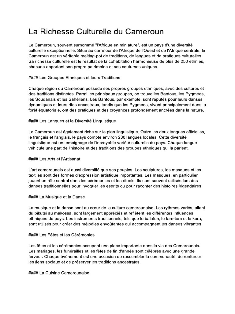 La Richesse Culturelle Du Cameroun | PDF