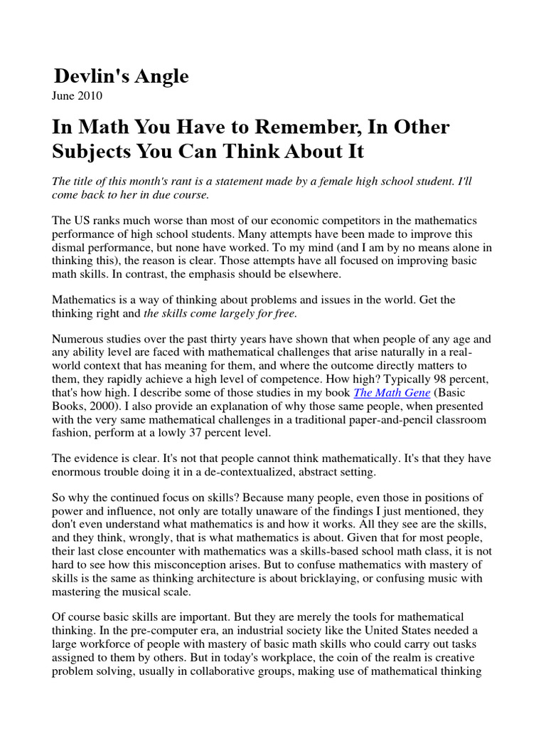 Devlin 2010 | PDF | Mathematics | Teachers