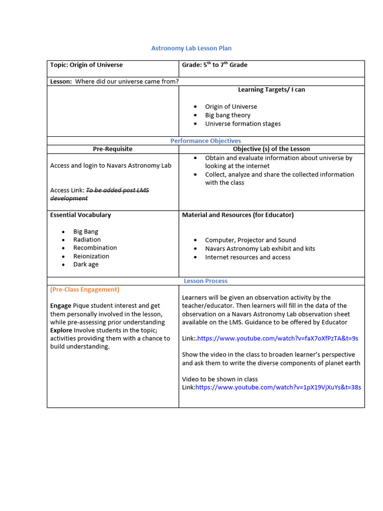 Origin of Universe - Sample Lesson Plan | PDF | Learning | Universe