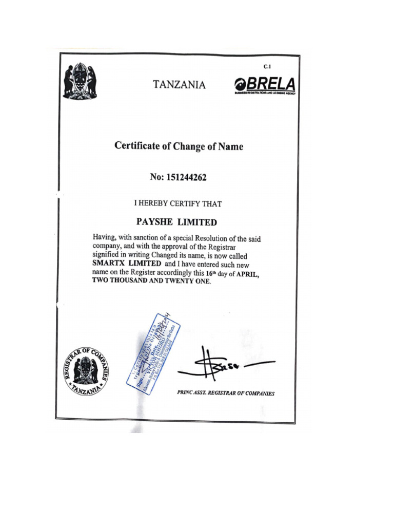 Certificates of Incorporation and Change of Name (Certified) | PDF