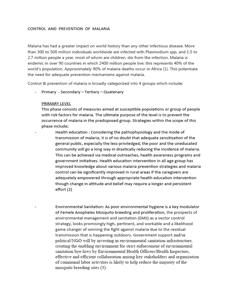 Control and Prevention of Malaria | PDF | Malaria | Mosquito Net