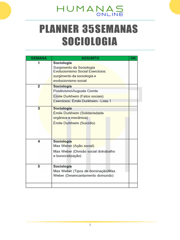 Planner de Sociologia: 35 Semanas de Conteúdo | PDF | Sociologia | Émile Durkheim