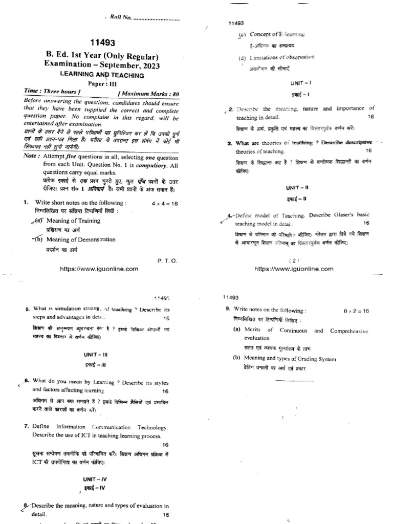 B Ed 1 Year Learning and Teaching 11493 Sep 2023 | PDF