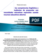 Desarrollo de La Competencia Lingüística y Social en Estudiantes de Preescolar Con Necesidades Educativas Especiales Usando Recursos Educativos Abiertos