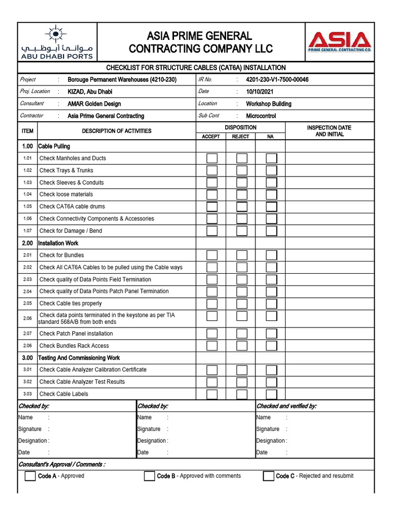 Cable Installation Checklist for Contractors | PDF