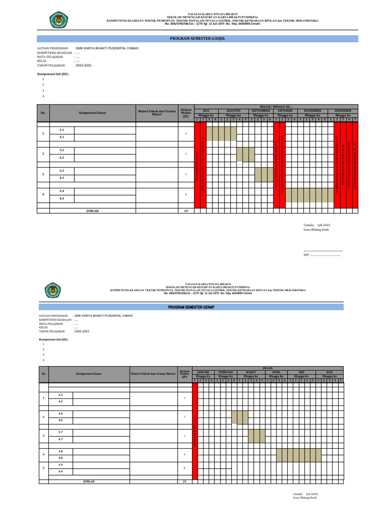 Program Semester SMK Pusdikpal Cimahi | PDF