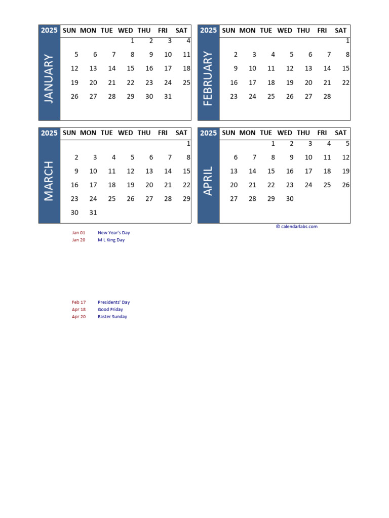 2025 Excel 4 Month Calendar Template 11 PDF Observances Holidays