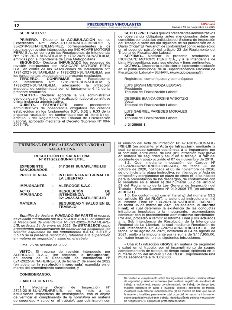 Resolución de Sala Plena #011-2022-SUNAFIL-TFL (DIARIO EL PERUANO) PDF