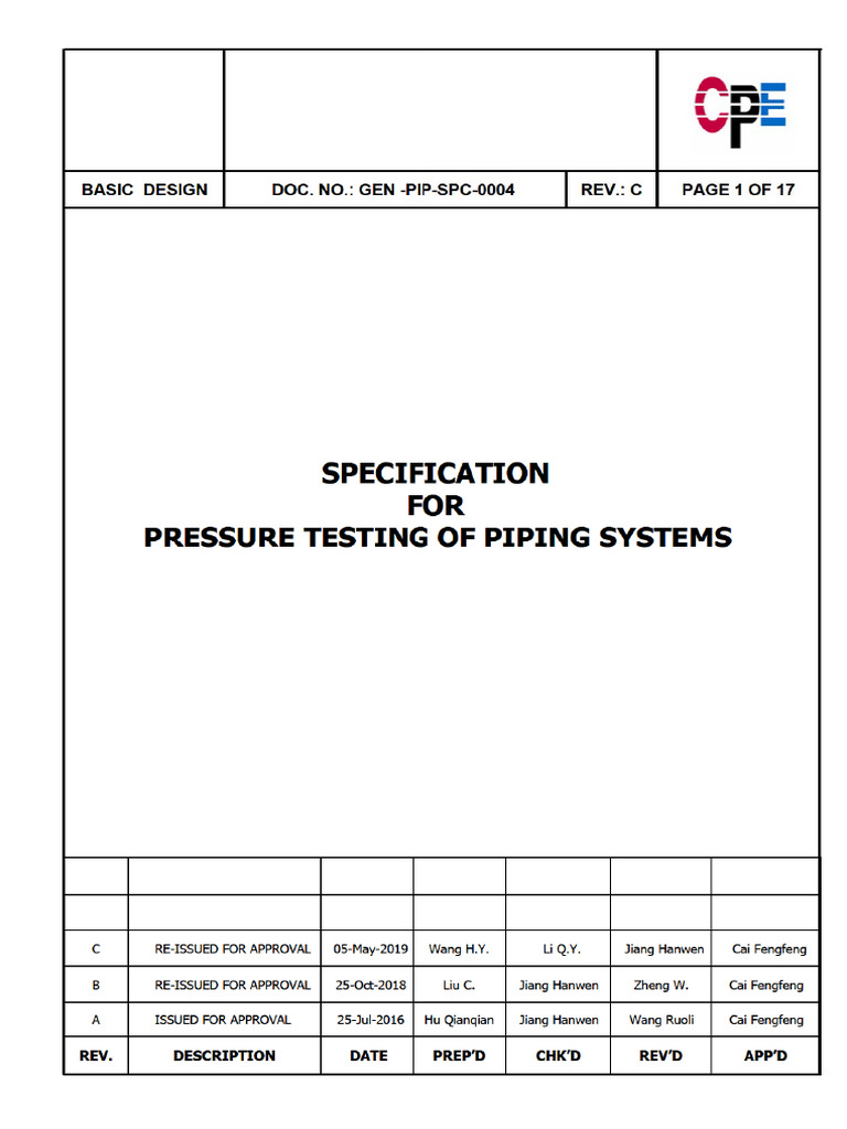 Gen pip spc 0004 specification for pressure testing of piping systems pdf