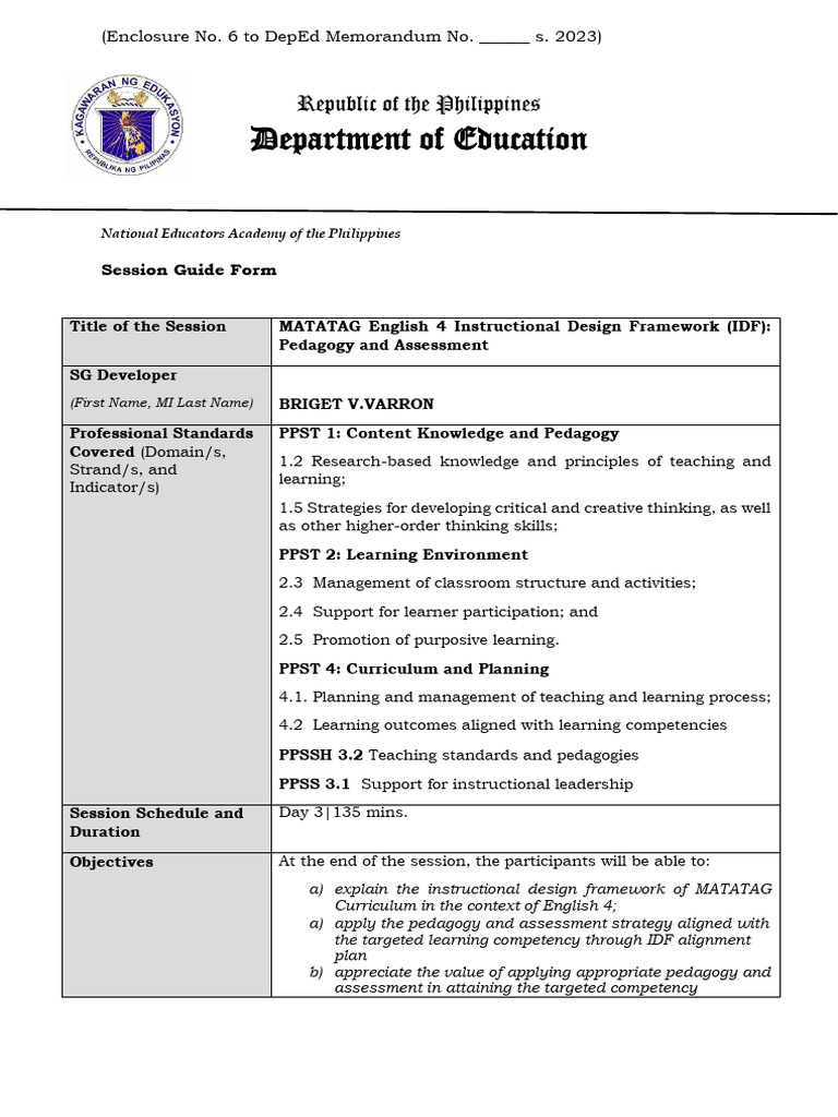 MATATAG English 4 IDF Session Guide | PDF | Pedagogy | Instructional Design