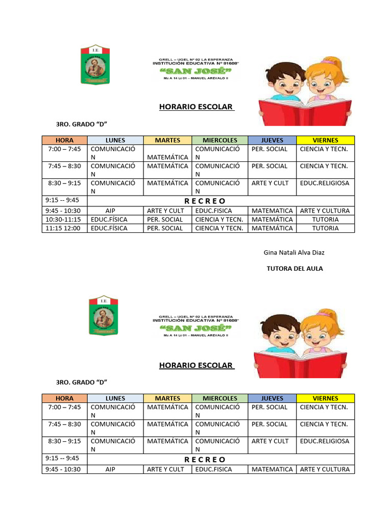 Horario Escolar 3°D - 2024 | PDF | Ciencias sociales | Arte